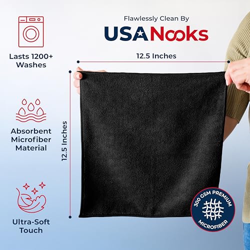 USANOOKS Premium 300GSM Microfiber Cleaning Cloth - 12.5"x12.5" High Performance - 1200 Washes, Ultra Absorbent Microfiber Towels for Cars Undercarriage, Rims & Engine Bay Cleaning - Microfiber Cloth - color: Black, size: 12.5" x 12.5" (24 pack)