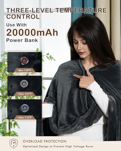 Cordless Heated Blanket Battery Powered; USB Wearable Portable Heated Throw Blanket with Hood, 20000 mAh Battery, 9 Heating Zone, 3-Level; Portable Heated Shawl Cordless; Camping,Comfort Warm Gray - color: Comfort Warm Gray