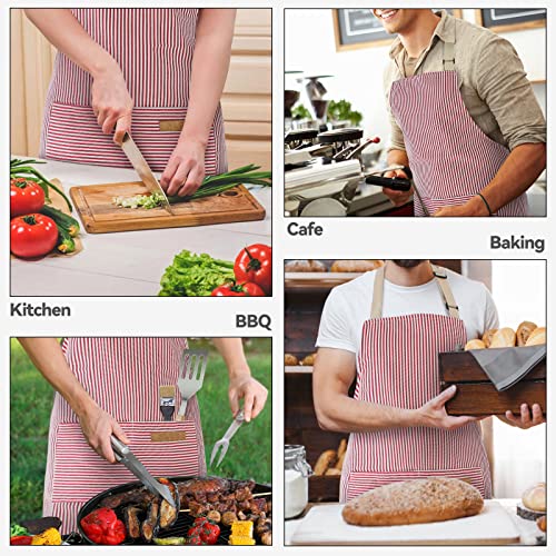 NLUS 2 Pack Cooking Aprons for Women with Pockets, Adjustable Kitchen Bib Aprons Chef Aprons for Women Men(Red Pinstripes) - color: Red
