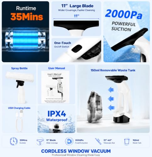Window Vacuum Squeegee Cordless,Electric Window Cleaner Tool for Glass