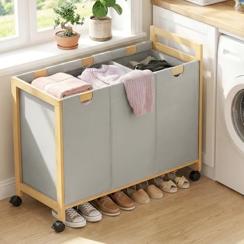 Homykic 250L Laundry Sorter with Wheels, 3-Section Laundry Hamper, Grey - color: Grey