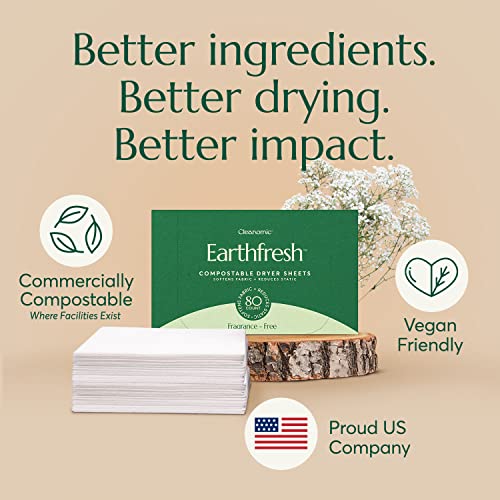 Cleanomic Earthfresh Fabric Softener Sheets Dryer Sheets, Softens & Removes Static Cling, Vegan Laundry Softener With Essential Oils -Fragrance Free