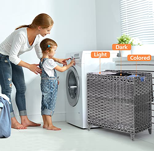 Laundry Hamper with 3 Removable Liner Bags, 132L Laundry Sorter with Lid - color: Gray, size: 132L-3 Section
