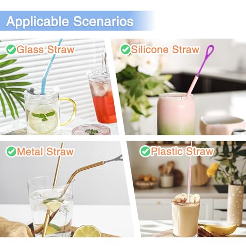 4 Pcs Silicone Straw Cleaner Brush, Reusable Straw Brush Extra Long for Cleaning Glass Metal Smoothie Straws, Non-Slip Handle Soft Bendable, 6mm+9mm, Purple & Pink - color: Purple & Pink