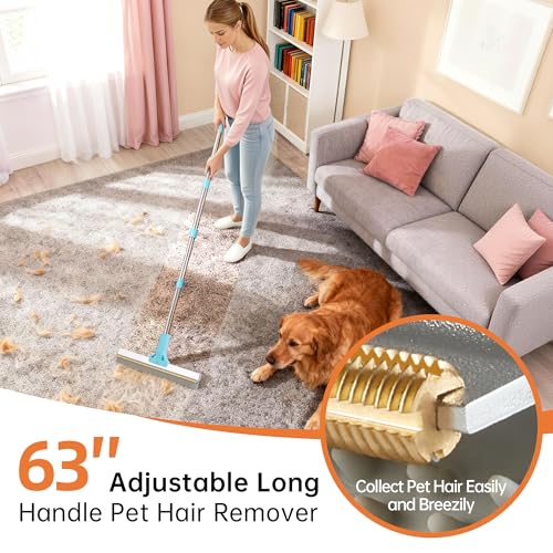 Carpet Rake for Pet Hair Removal Tool, 2 in 1 TPU and Copper Rake Teeth Uproot Clean Hair Remover with 63’’ Adjustable Long Handle,Cat & Dog for Carpets,Rugs, Mats (63’’ Handle) - size: 63in-1pcs-Rake