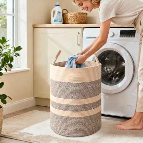 Large Laundry Basket, Laundry Hamper with Leather Handles, 90L Woven Dirty Clothes Hamper, Rope Hampers for Bedroom, Barthroom, Dark Brown - color: Dark Brown, size: 90L