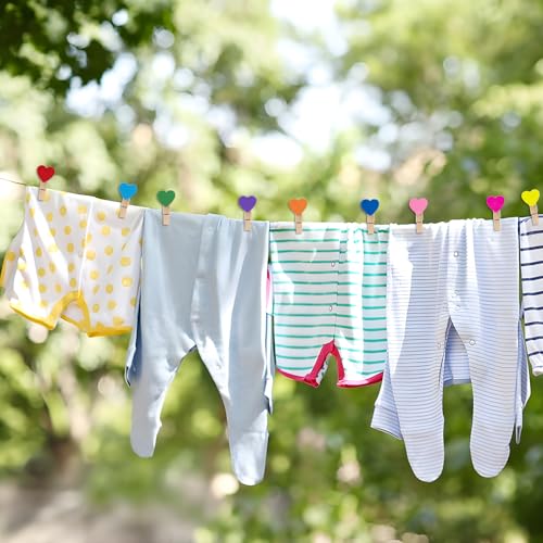 jijAcraft Clothespins with String - 50Pcs Mini Wooden Clothes Pins with Heart, 10Colors Heart Clips, 1.4Inch Small Photo Craft Clip for Baby Shower, Wedding, Birthday - color: 10colors