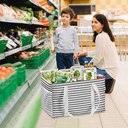 LHZK Standing Utility Tote Bag with Metal Wire Frame and the Sides Rinforced, Large Tote Bag with Handle, Reusable Grocery Bags Foldable, Beach Bag, Car Tote, Black, 18.5''x11.8''x11.5'' - color: Black/White, size: 18.5''x11.8''x11.5''-1 Pack