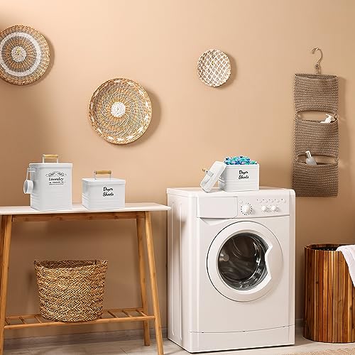 SSTATES Laundry Room Organization Set, Metal Laundry Detergent Pods Container and Dryer Sheet Holder with Lid, Laundry Powder Storage Bin with Scoop for Farmhouse Decor, (2 Pack, White)