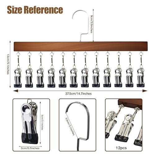 2 Pack Wooden Pants Hangers, 12 Metal Clips (Wood Colour-12 Clip)