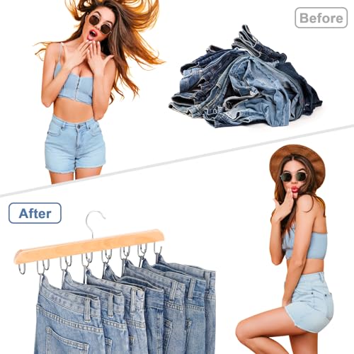 Jean Hangers for Closet, 14 Wood Jeans Hooks Space Saving, 180° Rotating Jean Hangers Holder for Skirts/Shorts/Belts/Ties, Closet Organizers and Storage, Pants Hooks for Jeans, 2 Pack, Natrual - color: Wood