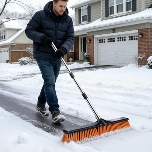 24" Push Broom Outdoor, Heavy Duty Garden Brush Broom with 58" Long Handle - color: Push Broom Orange