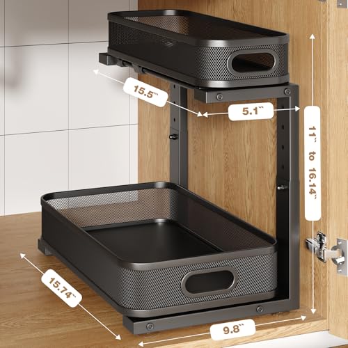 2 Pack 15.7IN-Depth Under Sink Organizer With Smooth Cylindrical Rail,2-Tier Pull Out Multi-Purpose Cabinet Storage for Bathroom&Kitchen,Height Adjustable,Rust-resistant Coating-Black - color: Black, size: 2 Pack-15.7"Depth