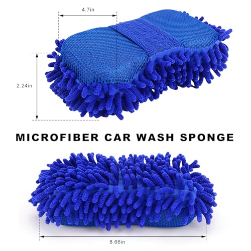 Microfiber Car Wash Sponge, Scratch-Free Vehicle Washing Mitt with Chenille & Mesh Sides, Highly Absorbent Sponge Lint-Free Cleaning Tool for Car Washing & Detailing (Blue) - color: Blue, 1 Pcs
