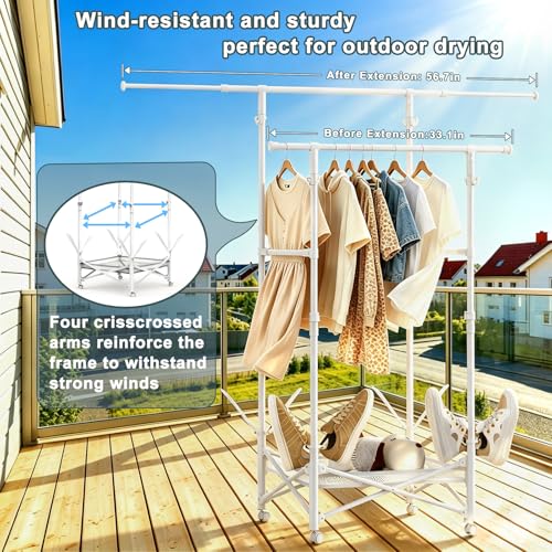 Portable Foldable Clothes Drying Rack - Adjustable Double Extendable Rods (33.1” to 56.7”) -Portable Coat Rack for Travel, Camping, Drying, RV, Indoor, Outdoor, Easy Assemble(White - color: White