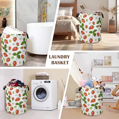 Strawberry Laundry Hamper,Collapsible Laundry Baskets,Flowers Leaf Dirty Clothes Baskets with Handles,Oxford Cloth Hamper for Bedroom,Bathroom,College Dorms, 16"x20" - color: Strawberry,Flowers Leaf
