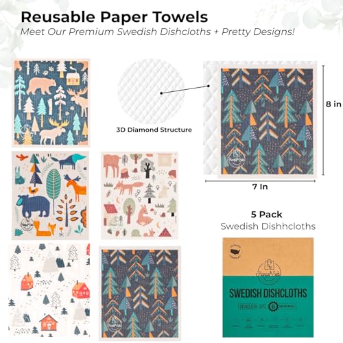 Harps&Seb Swedish Dishcloths for Kitchen Dish Towels - 5 Pack, Non-Scratch Reusable Paper Towels, Super Absorbent Washable Swedish Dish Cloths, No Odor, Biodegradable, Forest Designs - color: Mystic Forest, style: 5 Pack
