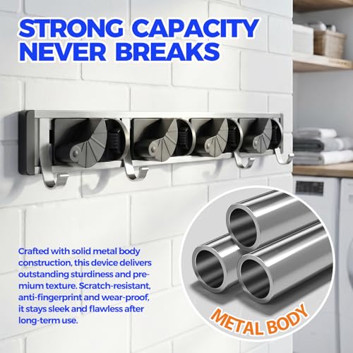 Holikme Mop Broom Holder Wall Mount Metal Pantry Organization and Storage Garden Kitchen Tool Organizer Wall Hanger for Home Goods (4 Positions with 4 Hooks, Black) - color: Black