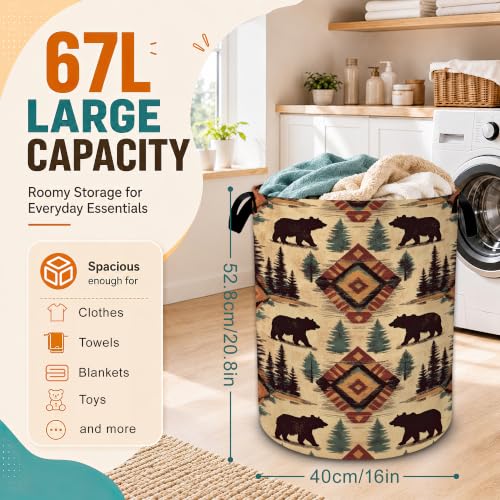 Vintage Tribal Bear Laundry Basket,Retro Tree Foldable Oxford Laundry Hamper with Handles,Portable Clothes Tote Bag Clothes Storage Bucket Organizer 20.8" x16" For Bathroom/Laundry Storage/Bedroom - color: Vintage Tribal Bear Retro Tree