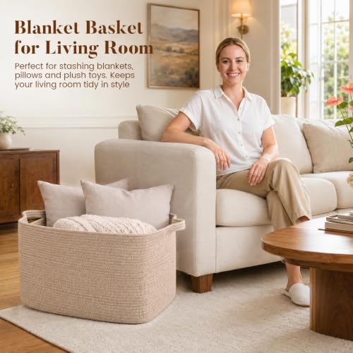 65L Large Woven Blanket Basket for Living Room, 19.7"x15.7"x11.8" - color: Brown, size: 24"x16.9"x14.2"