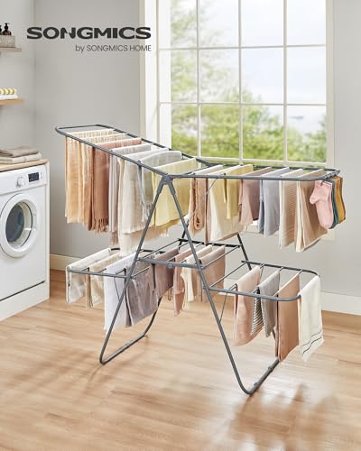 SONGMICS Clothes Drying Rack, Foldable 2-Level Stee Laundry Drying Rack - color: Gray, size: 2 Tiers(22"d x 61.8"w x 64.3''h )