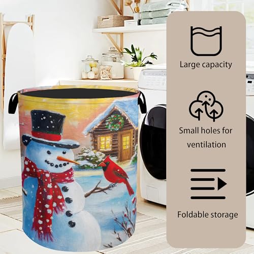 Snowman Cardinal Large Clothes Hamper Bag - Laundry Basket with Handles, Space Saving Foldable Design for Nursery - color: Snowman Cardinal