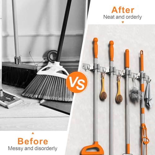 CUXIXA Mop and Broom Holder Wall Mount, Upgraded Broom Organizer Wall Mount, Stainless Steel Broom Hanger Wall Mount for Home Kitchen Garden Laundry Garage (4 Racks with 5 Hooks Silver) - color: Silver, size: 4 Racks with 5 Hooks