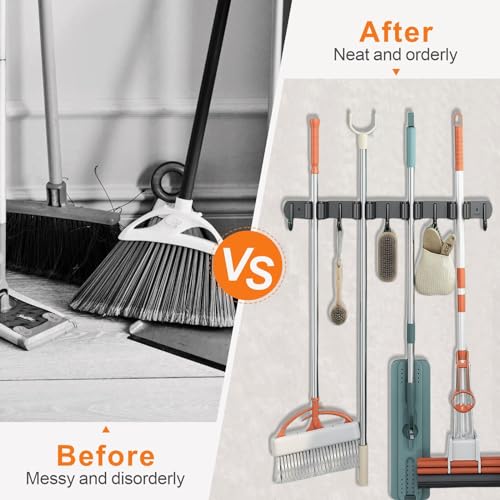 CUXIXA 2 Pack Mop and Broom Holder Wall Mount, Non-slip Broom Hanger Wall Mount, Heavy Duty Mop Broom Organizer for Kitchen Garden Garage Laundry Room Wall Decor Organization and Storage Black 4R5H - color: Black, size: 2 Pack 4 Racks with 5 Hooks