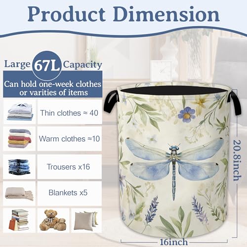 Vintage Dragonfly Laundry Basket,Foldable Waterproof Oxford Cloth Tote Bag Flower Plant Vintage Laundry Hamper with Handles,20.8"x16" Clothes Storage Bucket Organizer for Laundry Room Bathroom Bedroom - color: Vintage Dragonfly Flower Plant Vintage