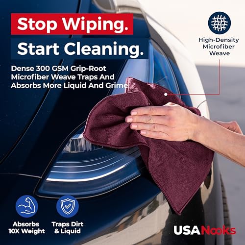 USANOOKS Premium 300GSM Microfiber Cleaning Cloth - 12.5"x12.5" High Performance - 1200 Washes, Ultra Absorbent Microfiber Towels for Cars Undercarriage, Rims & Engine Bay Cleaning - Microfiber Cloth - color: Burgundy, size: 12.5" x 12.5" (100 pack)
