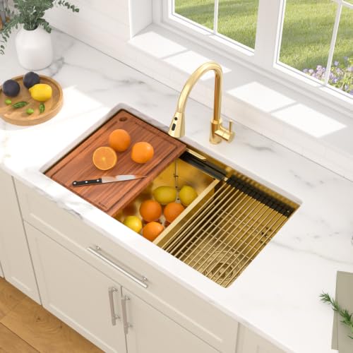 Dcolora 33"x19" Gold Undermount Stainless Steel Kitchen Sink Workstation - color: Gold, size: 33"x19"