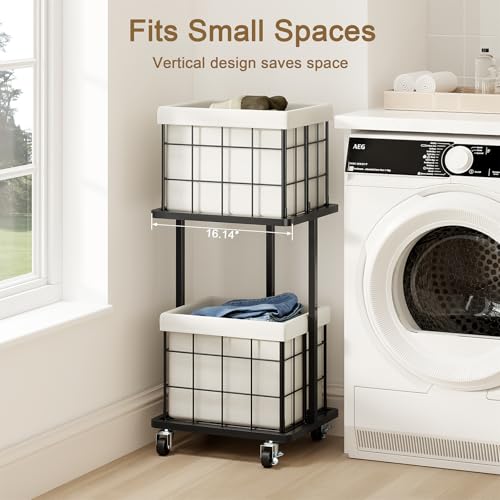 80L Vertical Laundry Sorter, 2 Tier Metal Rolling Laundry Basket - color: White, size: 2 Tier