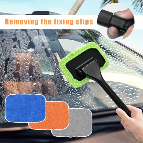 Ohleats Car Windshield Cleaning Tool, Microfiber Window Cleaner with 4 Washable and Reusable Cloth Pad & Long Handle, Auto Glass Wiper Cleaning Kit with Spray Bottle, Car Accessories (Pack of 2) - size: 6×4 inches (Pack of 2)