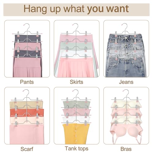 TOPIA HANGER 4 Tier Metal Skirt Hangers with Clips 80% Space Saving 4 Pack - color: Pink, size: 4 Pack