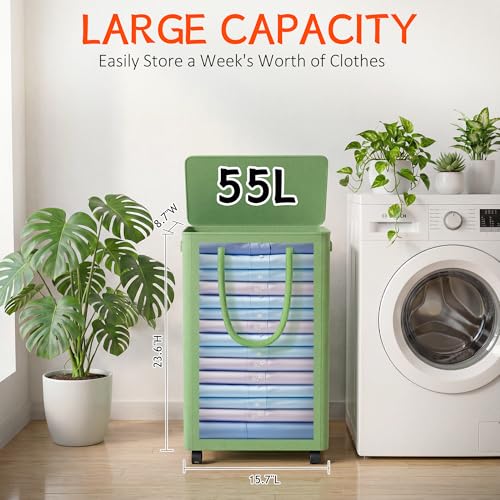 Slim Laundry Hamper with Wheels,15 Gal (55L) Rolling Laundry Basket with lid and wheels Clothes Hamper Foldable Tall Dirty Clothes Basket Sturdy Collapsible Clothes Hamper for Dorm,Laundry Room - color: Sage Green, size: 55L (15.7"L x 8.7"W x 23.6"H)