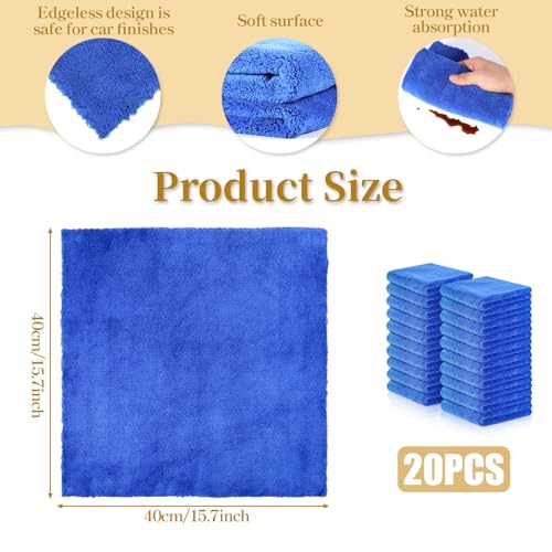 20 Pcs Car Microfiber Towels Premium Ultra Soft Car Detailing Towel Cloths Edgeless Microfiber Plush Towels for Cars Wash, Home Cleaning & Pet Drying Cloths, 16 Inch x 16 Inch, Dark Blue