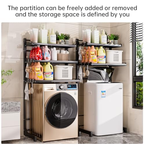 Carbon Steel Over Washer and Dryer Shelf, 2 Tier Bulkhead Laundry Room Storage and Organization Riser, Above Toilet Rack, (14.17“-25.59”) W*15.75 “D*63.39 ”H, Gray