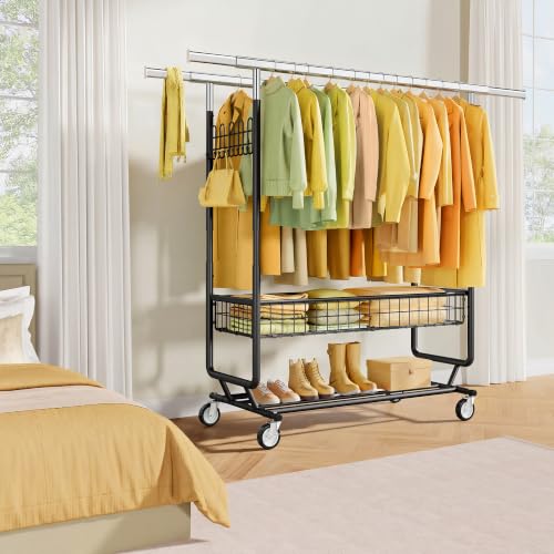 Gewudraw Clothes Rack Heavy Duty Load 1060 LBS With Wheels,Commercial,Black - color: Black, style: Double Rod & Shelves