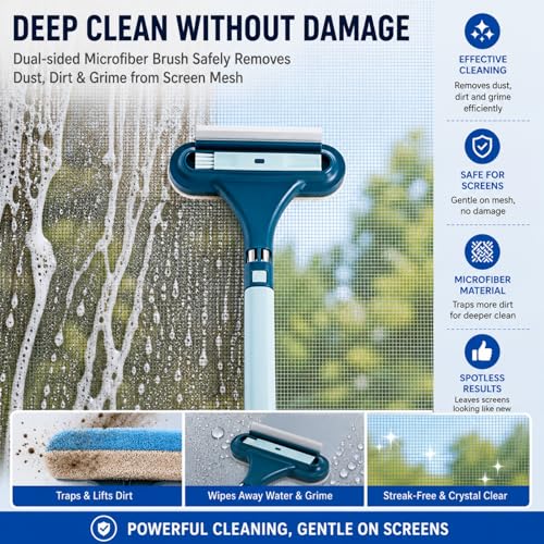 3 in 1 Window Screen Cleaning Brush Multifunctional Mesh Screen Cleaner Tool with Integrated Squeegee Multi Purpose Cleaning Accessory for Patio Door and Porch Screens