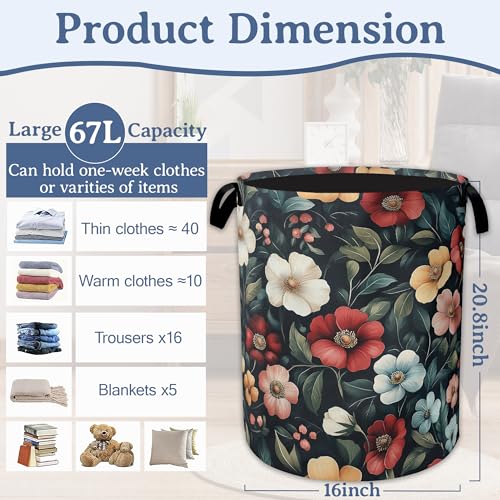 Floral Boho Laundry Basket,Foldable Oxford Cloth Pink Flower Vintage Laundry Hamper with Handles, 20.8"x16" Tote Bag Clothes Storage Bucket for Laundry Room/Bathroom/Bedroom/Dormitories - color: Floral Boho Pink Flower Vintage