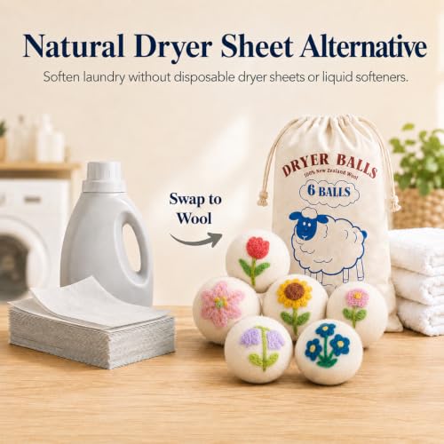 Wool Dryer Balls 6 Pack, New Zealand, Reusable Natural Fabric Softener - color: White-flower