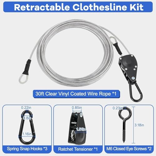 TooTaci Outdoor Clothesline Kit, 30ft 3/16" PVC Coated Clothesline Cable