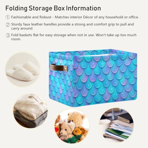 Blue Mermaid Scale Storage Baskets,Decorative Collapsible Rectangular Canvas Fabric Storage Bin for Home - color: Blue Mermaid Scale, size: 1 PCS