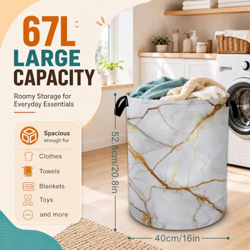 Marble Laundry Basket with Handles,White and Gold Marble Foldable Oxford Laundry Hamper,Collapsible Clothes Storage Basket for Laundry Room/Bathroom/Bedroom/Dormitories 20.8 x 16 Inches - color: White and Gold Marble
