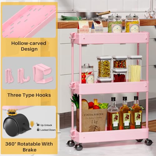 SPACEKEEPER Slim Rolling Storage Cart, 3 Tier Bathroom Cart Organizer, Pink - color: Pink