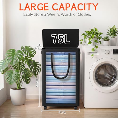 Slim Laundry Hamper with Wheels,20 Gal (75L) Rolling Laundry Basket with lid and wheels Clothes Hamper Foldable Tall Dirty Clothes Basket Sturdy Collapsible Clothes Hamper for Dorm,Laundry Room - color: Black, size: 75L (17.3"L x 9.8"W x 26.8"H)