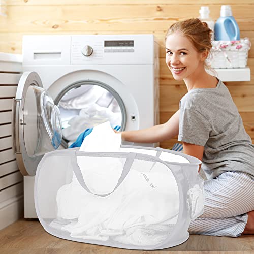 Strong Mesh Pop Up Laundry Basket, Collapsible Laundry Hamper with Side Pocket, Foldable Clothes Pop Up Hamper with Durable Reinforced Handles for Laundry, Bathroom, Kids Room, Dorm or Travel White - color: 1 x White