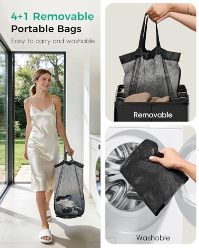 185L Laundry Hamper 4 Section with Lid & Removable Bags - color: Black, size: 185L - 4 Section