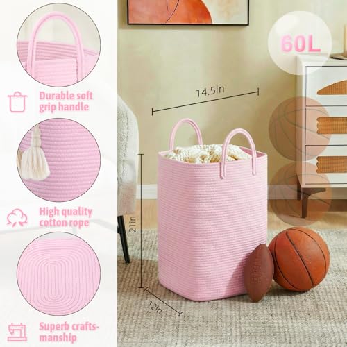 Artfeel Laundry Basket,Woven Cotton Rope Laundry Hamper,60L Versatile Storage for Dirty Clothes,Baby Toys,and Blankets in Bathroom, Nursery,and Living Room - color: Pink, size: 60L
