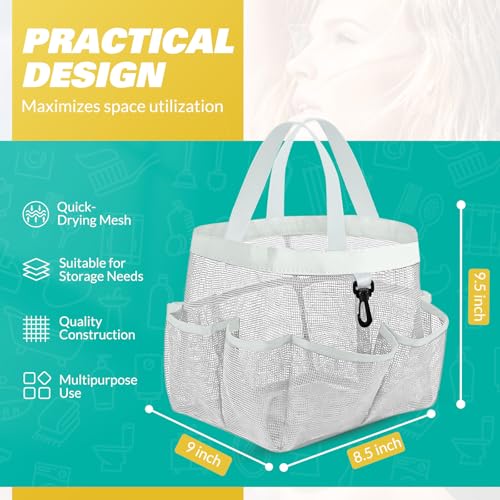 LOYEE Mesh Shower Caddy Portable for College Dorm Room Essentials with 8 Pockets, Shower Bag for Beach, Swimming, Gym, Travel, Bathroom(All white) - color: All white